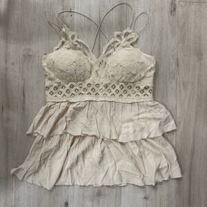 Mazik Lace Crochet Strappy Boho Blouse Tiered Peplum Top Cream Size Small